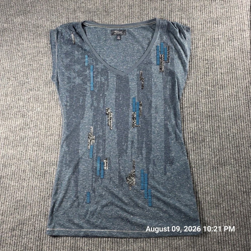 Silver Jeans Co Womens Blue Heathered V-Neck Sequin Beaded Cap Sleeve Top M